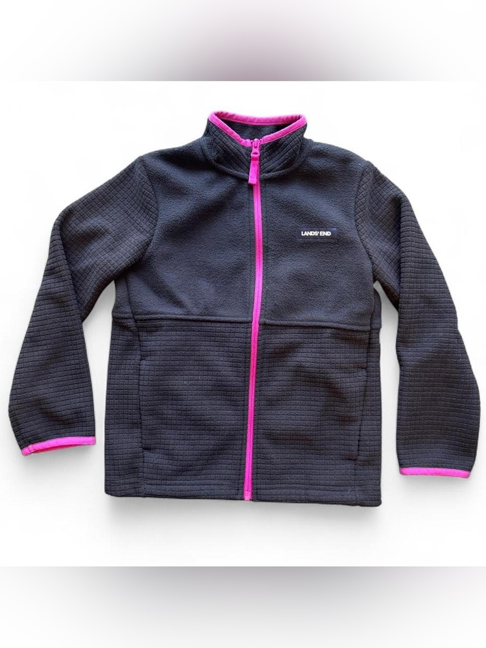 Lands' End Black grid Fleece Jacket with Pink Zipper Trim Youth 6-7